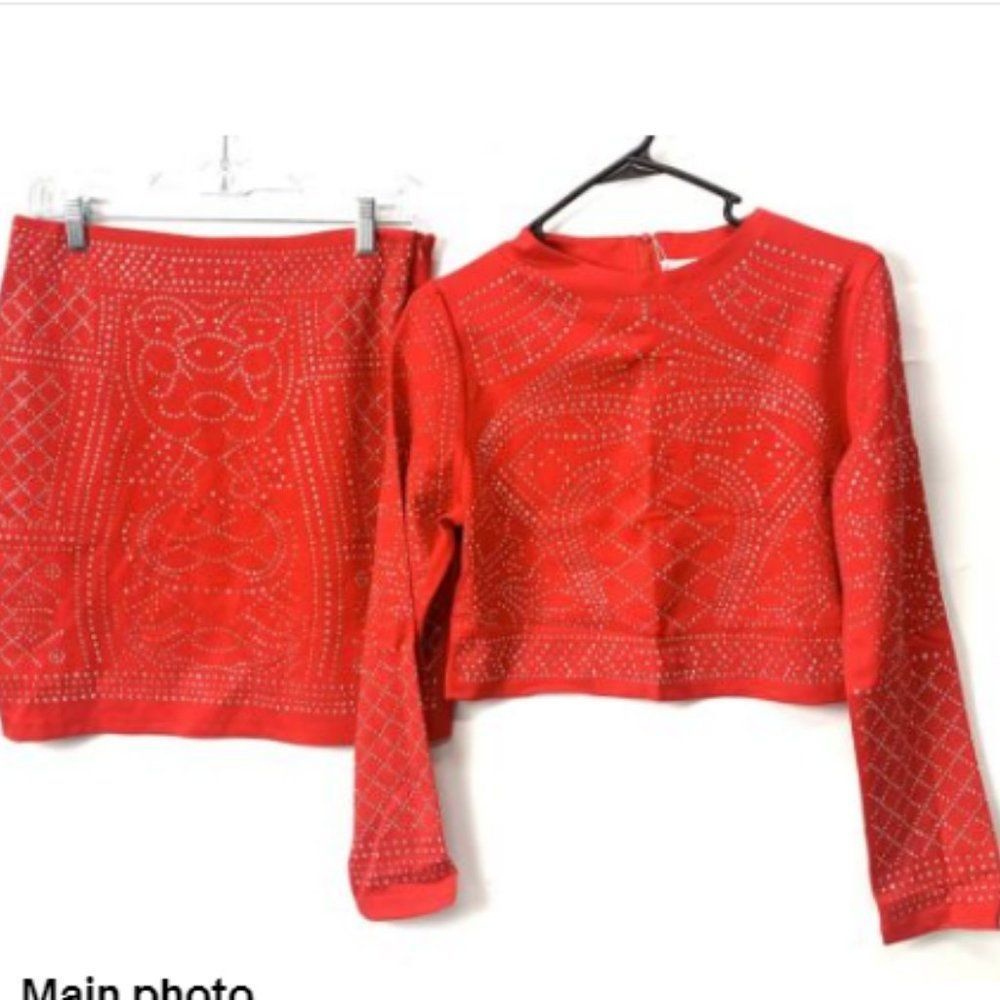 Women's Red Sequins Crop Top and Skirt Bodycon 2 Piece Outfit Long Sleeve Sz L